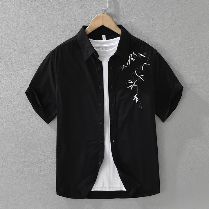 Buddha Stones Artistic Simple Design Embroidery Bamboo Pattern Men's Short Sleeve Cotton Shirt - Black - US/UK/AU42,EU52 (3XL) - image 1