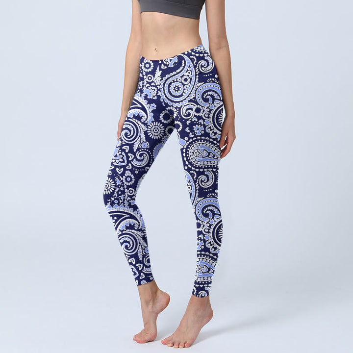 Buddha Stones Purple Blue Cashew Flower Print Gym Leggings Women's Yoga Pants - MediumSlateBlue - US18,UK/AU22,EU50 (4XL) - image 1