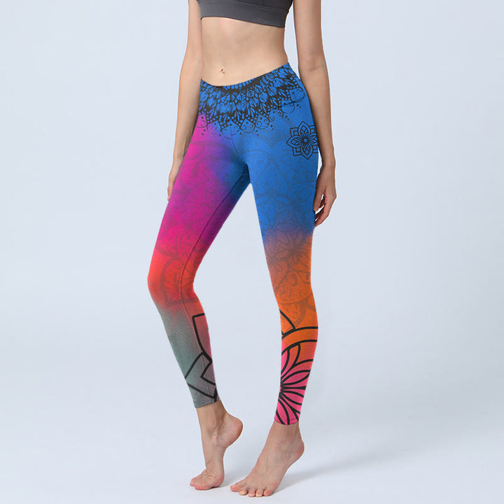Buddha Stones Rose Red Blue Mandala Flower Print Gym Leggings Women's Yoga Pants - Magenta - US18,UK/AU22,EU50 (4XL) - image 1