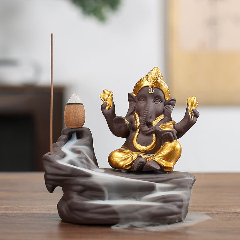 Buddha Stones Ganesh Elephant Purple Clay Backflow Smoke Fountain Protection Stick Incense Burner - Golden 10.1*11cm - image 3