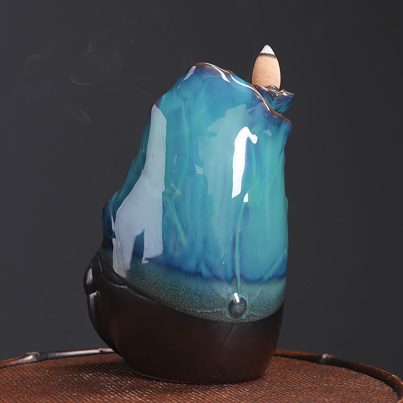 Buddha Stones Blue Lotus Leaf Ceramic Backflow Smoke Fountain Spiritual Incense Burner Decoration - image 4