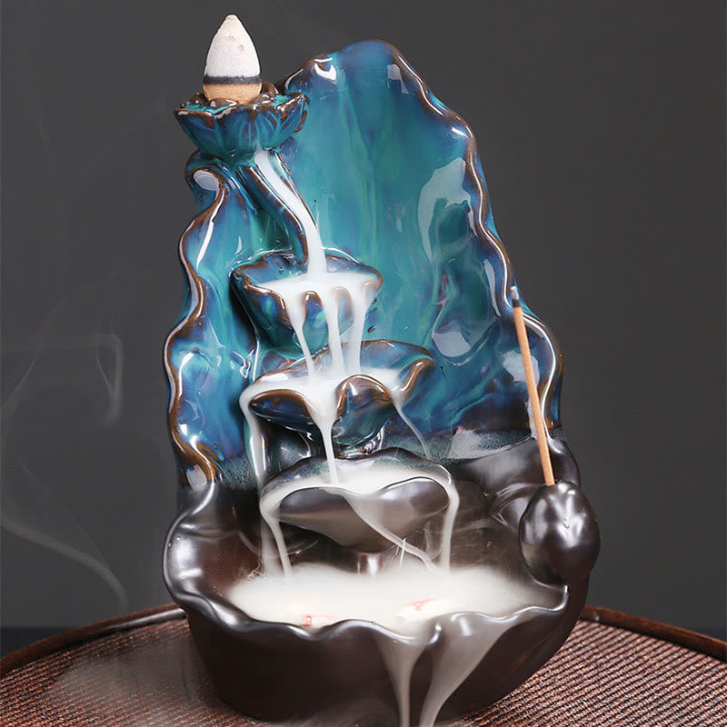 Buddha Stones Blue Lotus Leaf Ceramic Backflow Smoke Fountain Spiritual Incense Burner Decoration - image 5