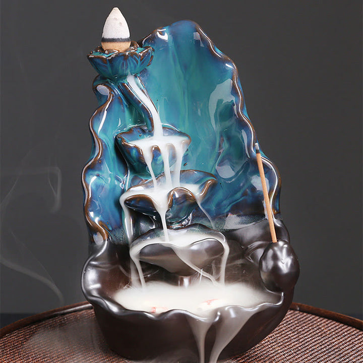 Buddha Stones Blue Lotus Leaf Ceramic Backflow Smoke Fountain Spiritual Incense Burner Decoration - image 5