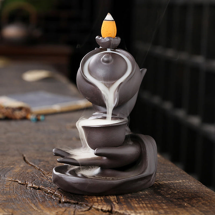 Buddha Stones Buddha Hand Holding Teapot Cup Ceramic Backflow Smoke Fountain Healing Incense Burner Decoration - image 2