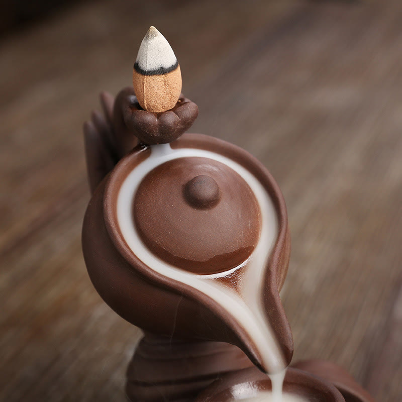 Buddha Stones Buddha Hand Holding Teapot Cup Ceramic Backflow Smoke Fountain Healing Incense Burner Decoration - image 17