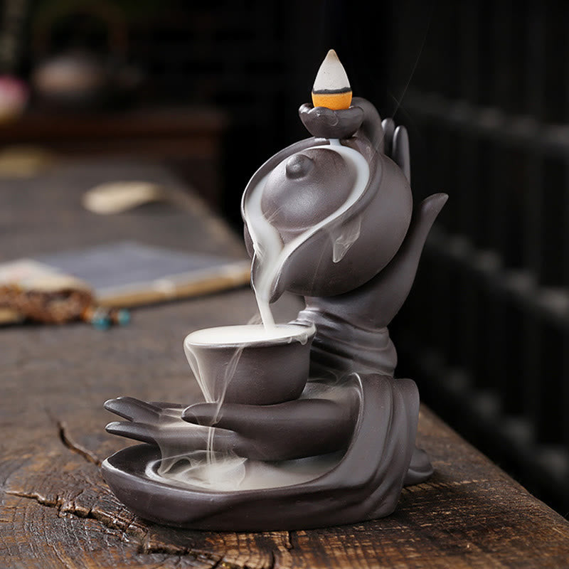 Buddha Stones Buddha Hand Holding Teapot Cup Ceramic Backflow Smoke Fountain Healing Incense Burner Decoration - image 5