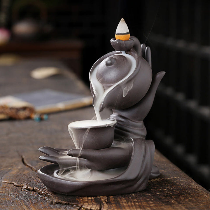 Buddha Stones Buddha Hand Holding Teapot Cup Ceramic Backflow Smoke Fountain Healing Incense Burner Decoration - image 5