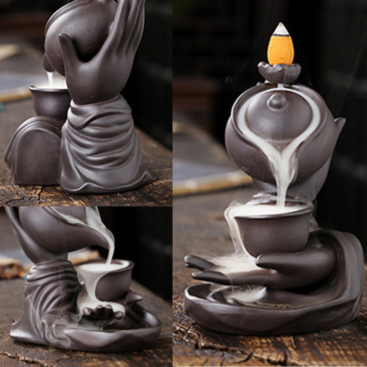 Buddha Stones Buddha Hand Holding Teapot Cup Ceramic Backflow Smoke Fountain Healing Incense Burner Decoration - image 9