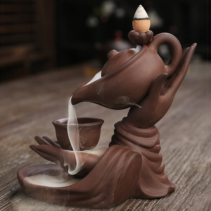 Buddha Stones Buddha Hand Holding Teapot Cup Ceramic Backflow Smoke Fountain Healing Incense Burner Decoration - image 13
