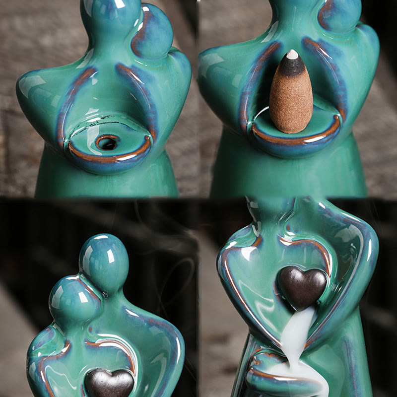 Buddha Stones Lovers Couple Embrace Love Ceramic Backflow Smoke Fountain Healing Incense Burner Decoration - image 7