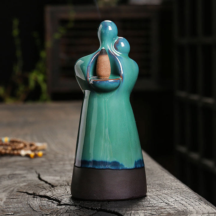 Buddha Stones Lovers Couple Embrace Love Ceramic Backflow Smoke Fountain Healing Incense Burner Decoration - image 4