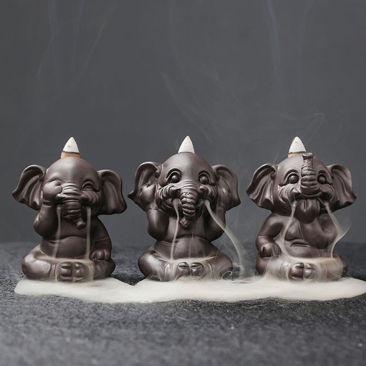 Buddha Stones Cute Elephant Purple Clay Backflow Smoke Fountain Peace Healing Incense Burner Decoration - 3Pcs Elephant Set - image 1