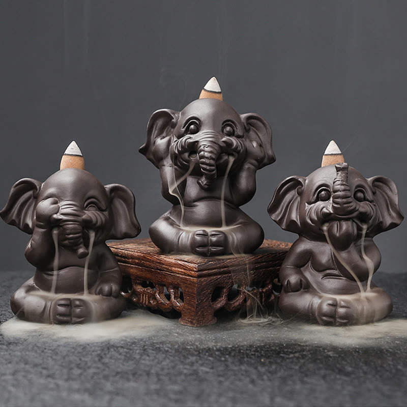 Buddha Stones Cute Elephant Purple Clay Backflow Smoke Fountain Peace Healing Incense Burner Decoration - image 2