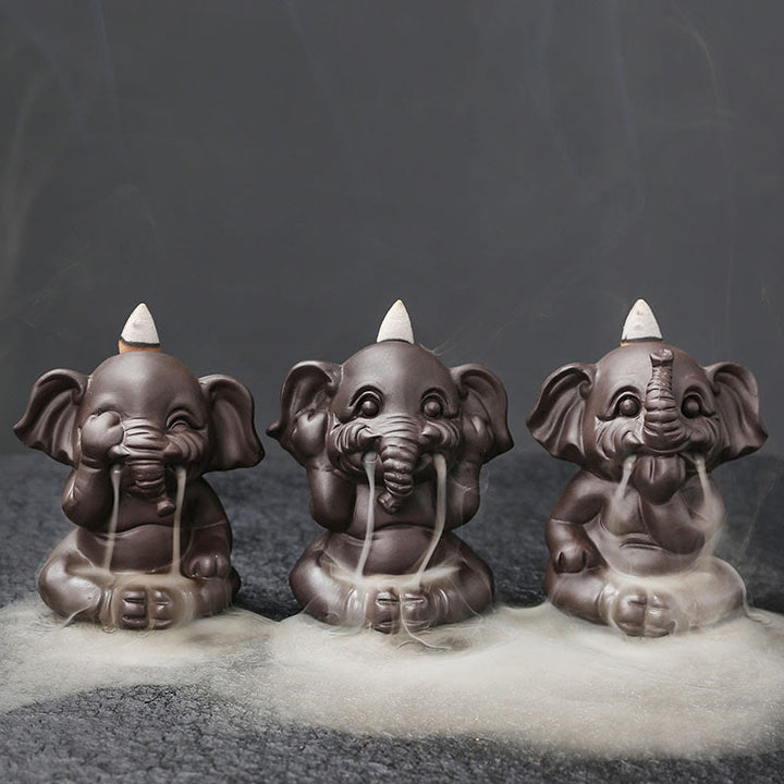 Buddha Stones Cute Elephant Purple Clay Backflow Smoke Fountain Peace Healing Incense Burner Decoration - image 3