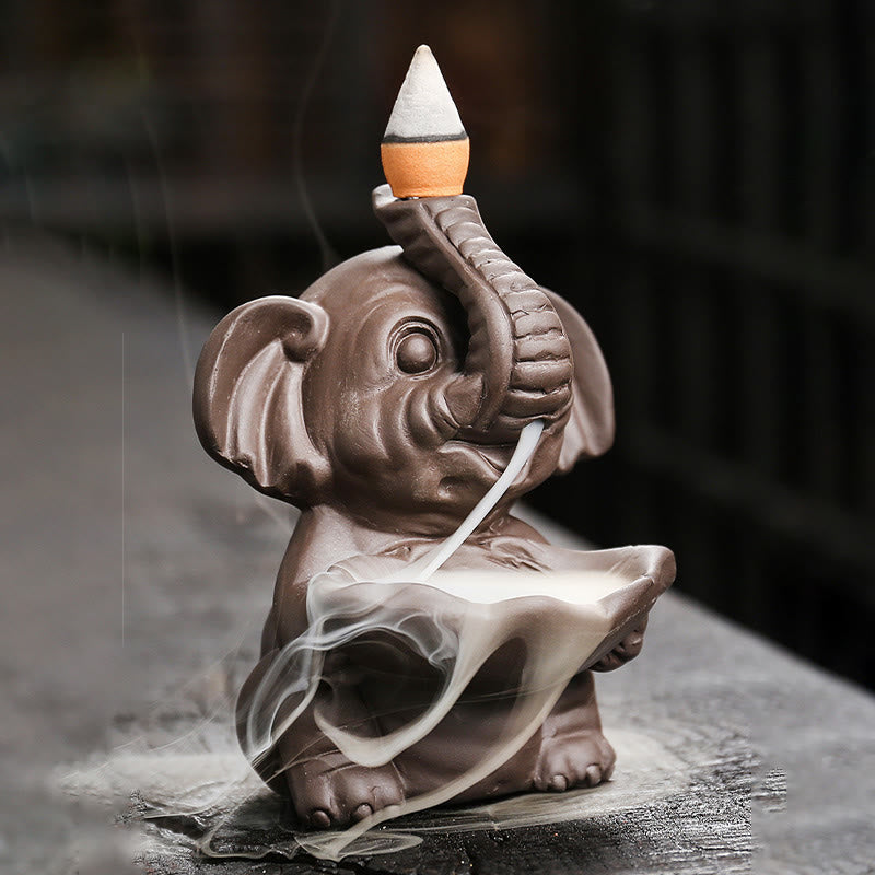 Buddha Stones Little Elephant Holding Leaf Purple Clay Backflow Smoke Fountain Healing Incense Burner Decoration - image 2