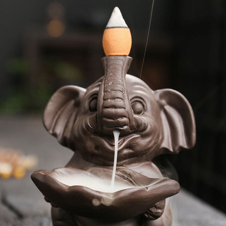 Buddha Stones Little Elephant Holding Leaf Purple Clay Backflow Smoke Fountain Healing Incense Burner Decoration - image 10