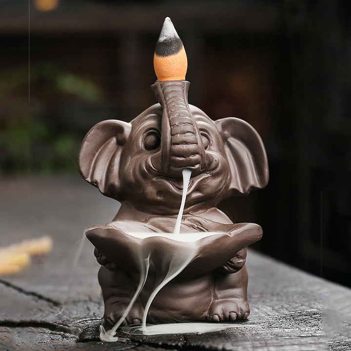 Buddha Stones Little Elephant Holding Leaf Purple Clay Backflow Smoke Fountain Healing Incense Burner Decoration - image 8