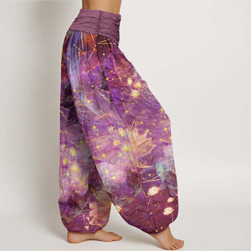Buddha Stones Koi Fish Lotus Moon Stars Pattern Women's Elastic Waist Harem Pants - image 6