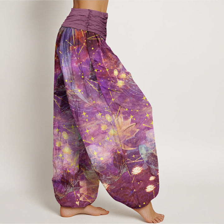 Buddha Stones Koi Fish Lotus Moon Stars Pattern Women's Elastic Waist Harem Pants - image 6
