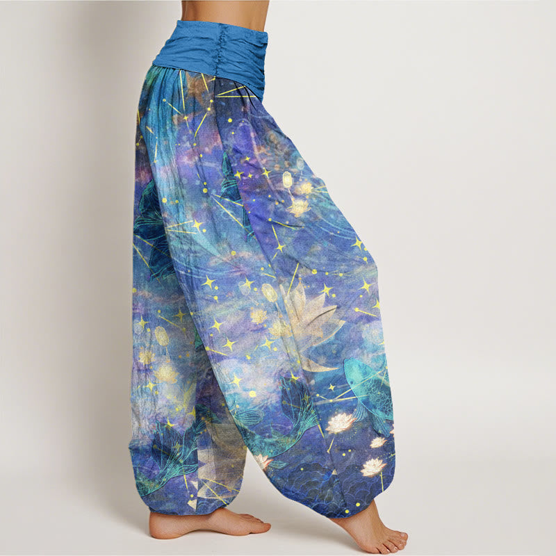 Buddha Stones Koi Fish Lotus Moon Stars Pattern Women's Elastic Waist Harem Pants - image 2