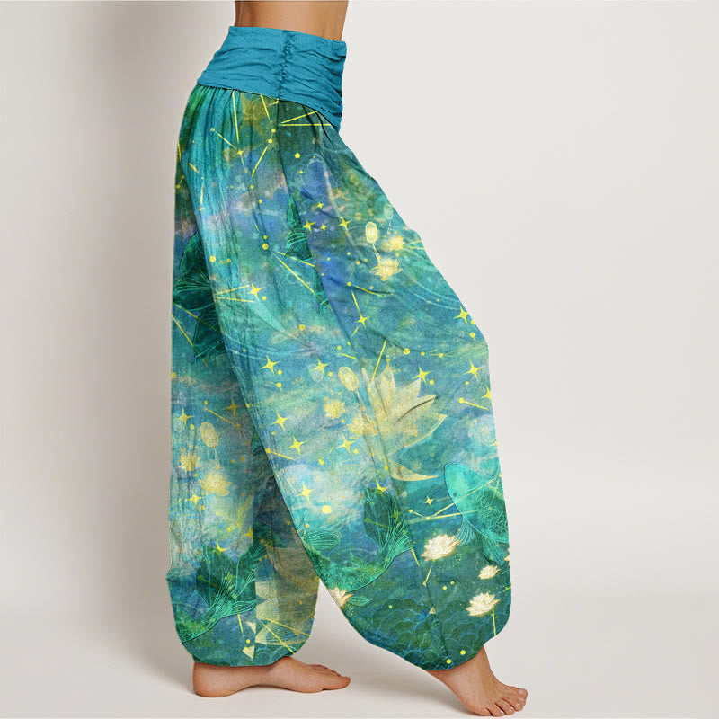 Buddha Stones Koi Fish Lotus Moon Stars Pattern Women's Elastic Waist Harem Pants - image 9