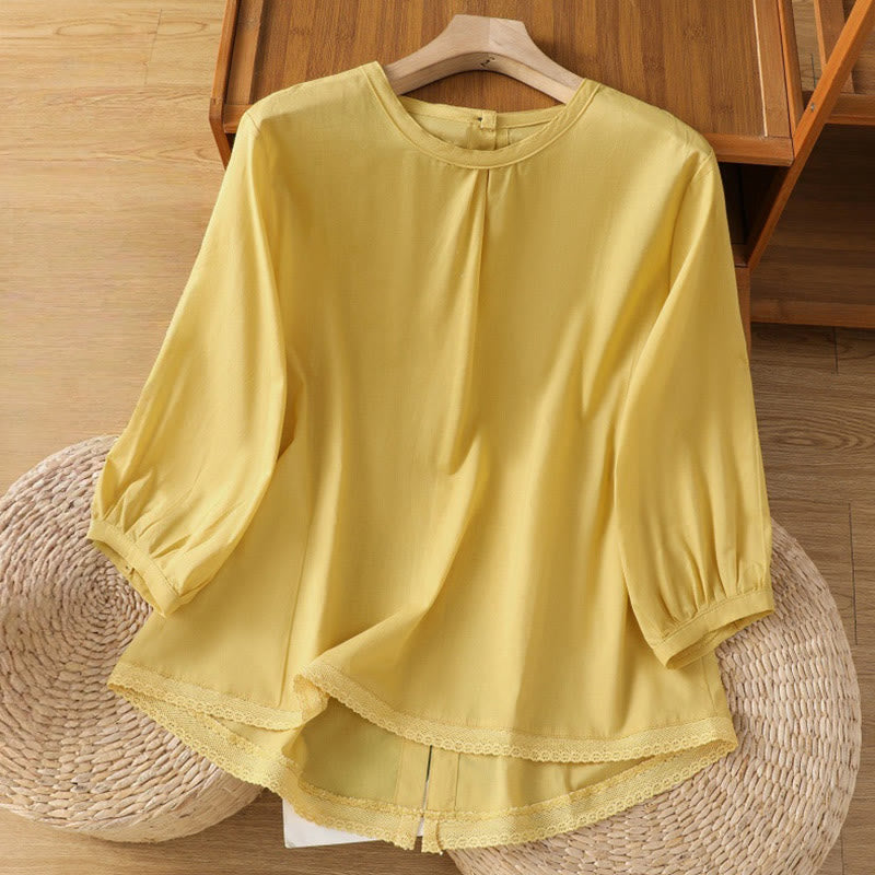 Buddha Stones Plain Lace Hem Single Breasted Button Cotton Linen Three Quarter Sleeve Women's Crew Neck Shirt - Khaki - US14,UK/AU18,EU46 (2XL) - image 1