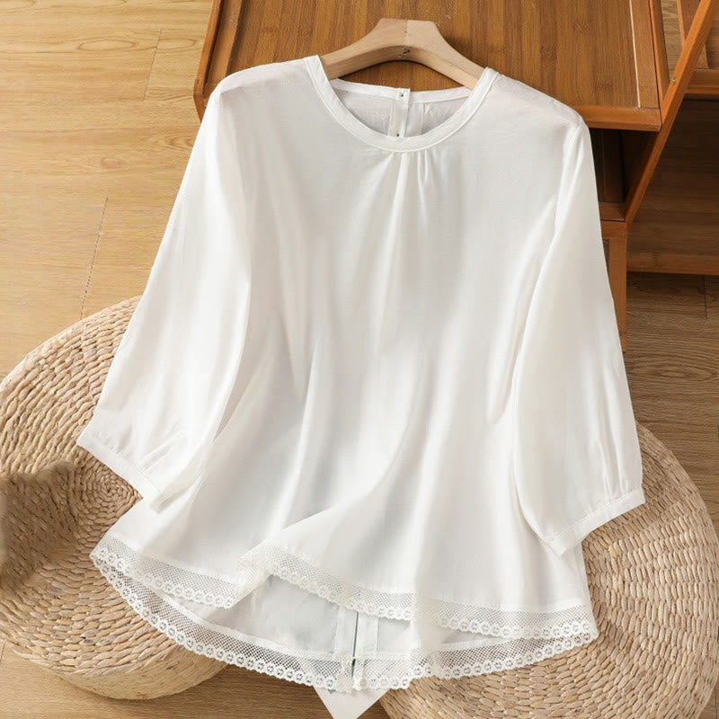 Buddha Stones Plain Lace Hem Single Breasted Button Cotton Linen Three Quarter Sleeve Women's Crew Neck Shirt - White - US14,UK/AU18,EU46 (2XL) - image 10
