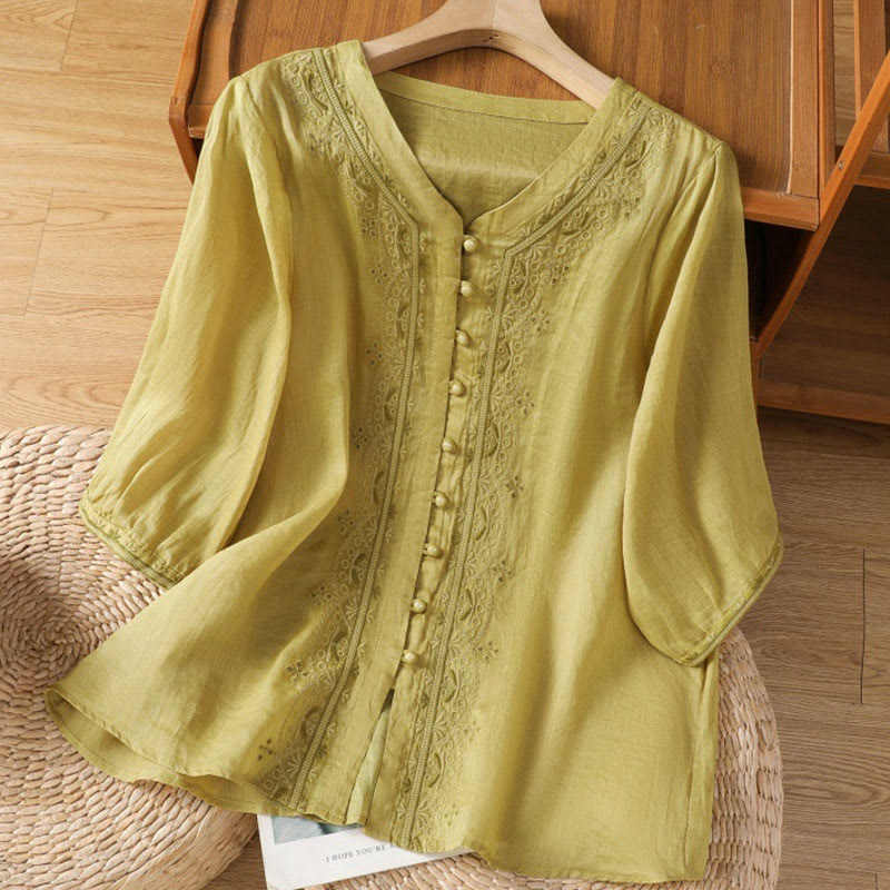 Buddha Stones Casual Embroidery Frog-Button Polyester Half Sleeve Women's V-neck Shirt - DarkKhaki - US12,UK/AU16,EU44 (2XL) - image 11