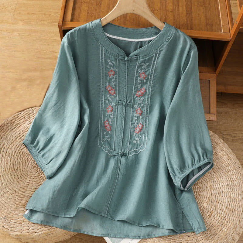 Buddha Stones Casual Embroidery Frog-Button Cotton Polyester Half Sleeve Women's Stand Collar Shirt - CadetBlue - US8-10,UK/AU12-14,EU40-42 (2XL) - image 7