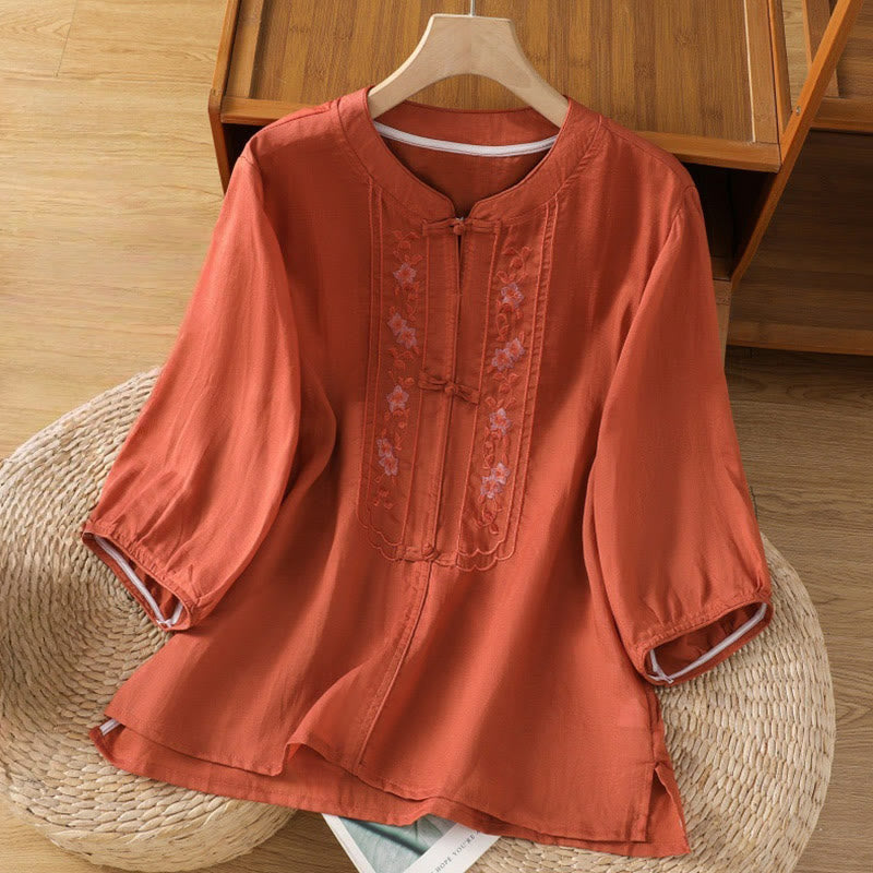 Buddha Stones Casual Embroidery Frog-Button Cotton Polyester Half Sleeve Women's Stand Collar Shirt - Tomato - US8-10,UK/AU12-14,EU40-42 (2XL) - image 13