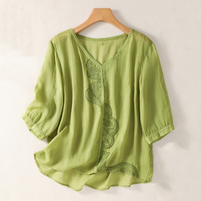 Buddha Stones Casual Embroidered Pattern Women's V-neck Design Half Sleeve Cotton Linen T-shirt - YellowGreen - US14,UK/AU18,EU46 (2XL) - image 13