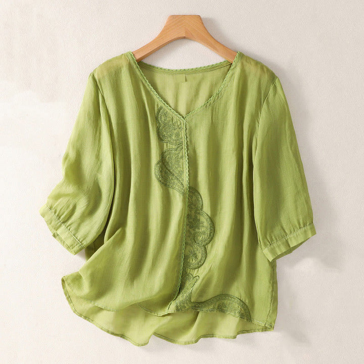 Buddha Stones Casual Embroidered Pattern Women's V-neck Design Half Sleeve Cotton Linen T-shirt - YellowGreen - US14,UK/AU18,EU46 (2XL) - image 13