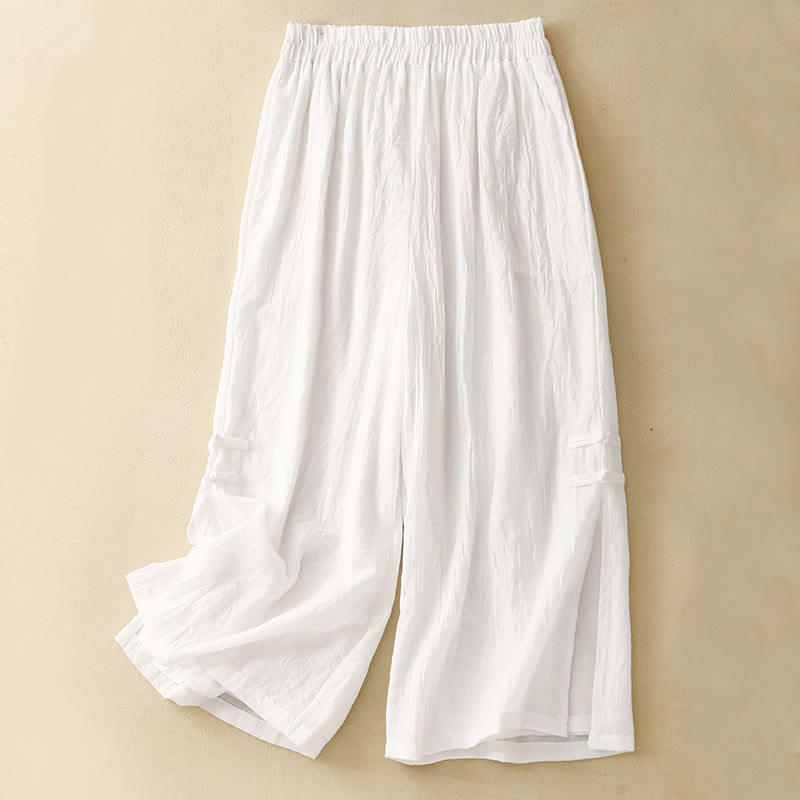 Buddha Stones Frog-Button Hem Slit Design Women's Wide Leg Cotton Linen Pants With Pockets - White - US8-10,UK/AU12-14,EU40-42 (2XL) - image 9