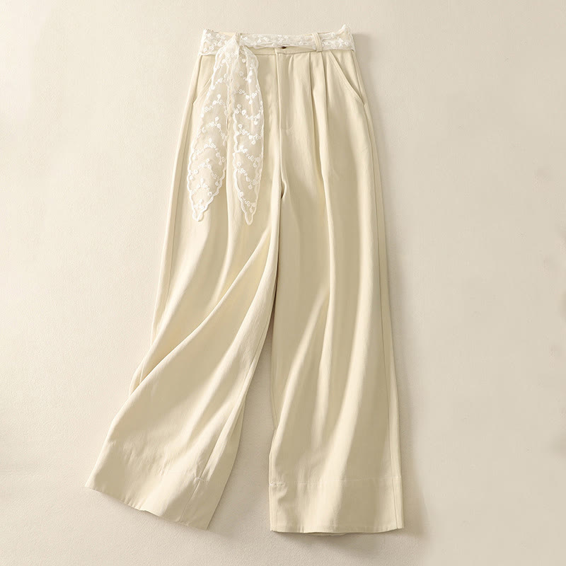 Buddha Stones Daily Solid Color Lace Belt Women's Wide Leg Cotton Pants With Pockets - Beige - US8-10,UK/AU12-14,EU40-42 (2XL) - image 1