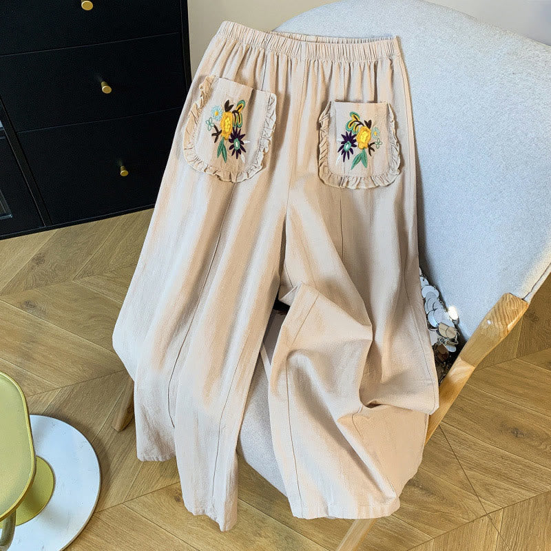 Buddha Stones Casual Beige Embroidery Women's Wide Leg Cotton Linen Pants With Pockets - Beige - US8-10,UK/AU12-14,EU40-42 (2XL) - image 1