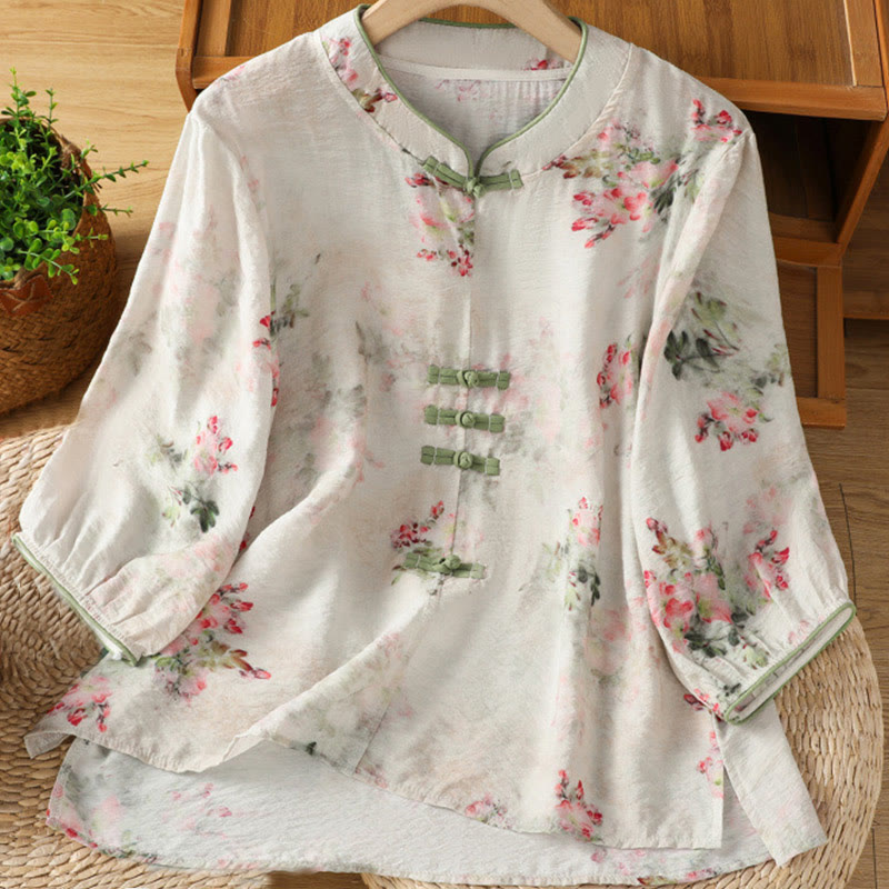 Buddha Stones Printing Floral Plain Chinese Frog-Button Women's Cotton Three Quarter Sleeve Shirt - White - US12,UK/AU16,EU44 (2XL) - image 0
