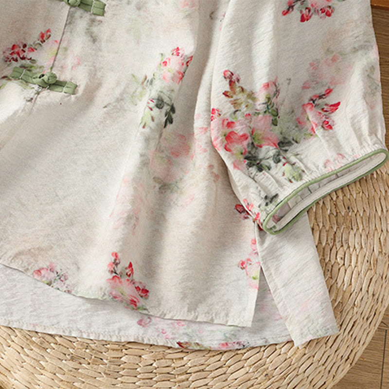 Buddha Stones Printing Floral Plain Chinese Frog-Button Women's Cotton Three Quarter Sleeve Shirt - image 5