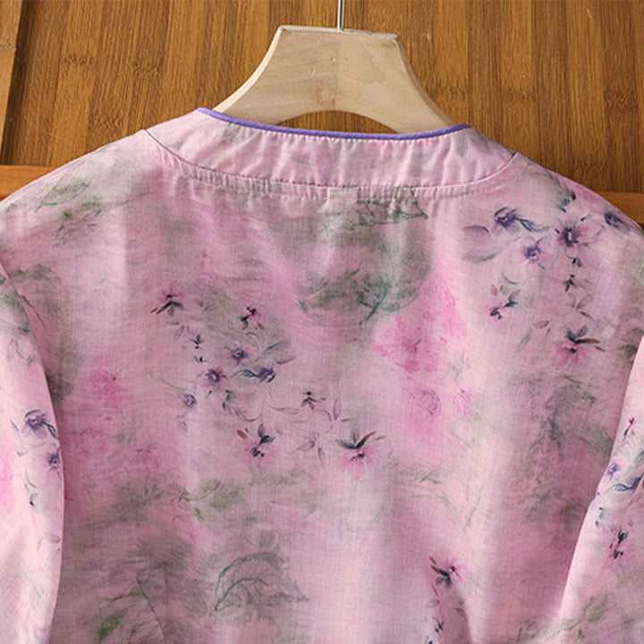 Buddha Stones Printing Floral Plain Chinese Frog-Button Women's Cotton Three Quarter Sleeve Shirt - image 18