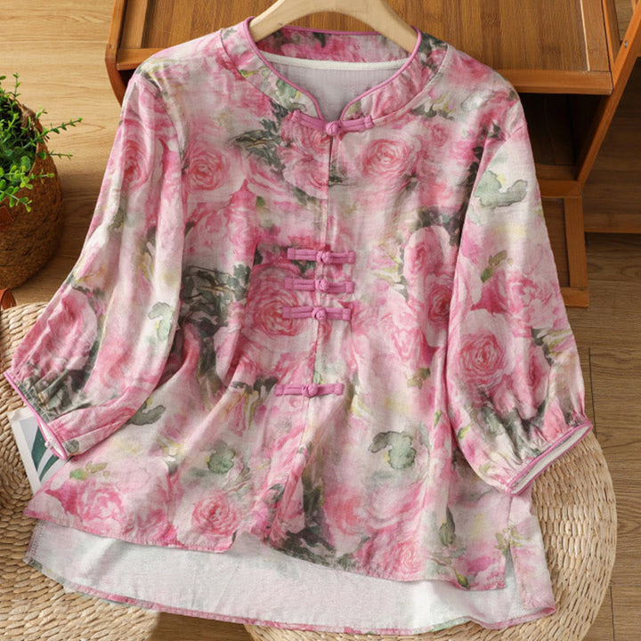 Buddha Stones Printing Floral Plain Chinese Frog-Button Women's Cotton Three Quarter Sleeve Shirt - HotPink - US12,UK/AU16,EU44 (2XL) - image 6