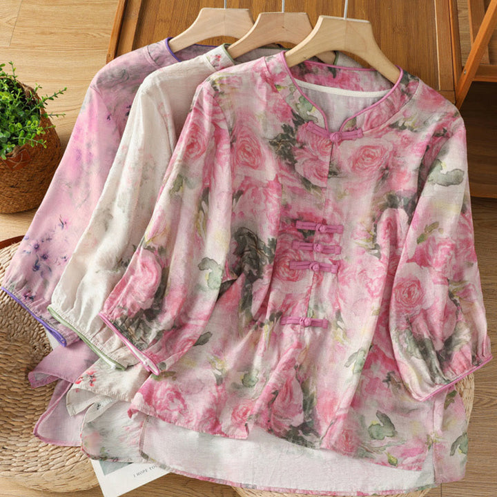 Buddha Stones Printing Floral Plain Chinese Frog-Button Women's Cotton Three Quarter Sleeve Shirt - image 21