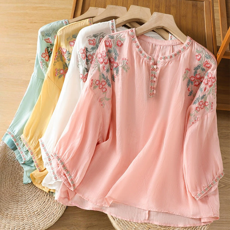 Buddha Stones Embroidery Button Three Quarter Sleeve Notched Neck Women's Cotton Shirt - image 31