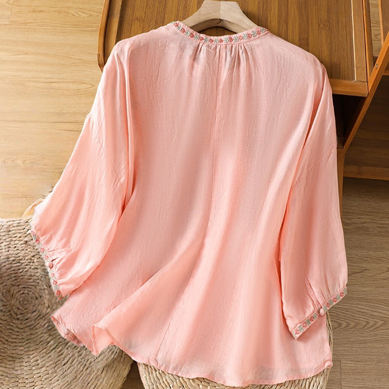 Buddha Stones Embroidery Button Three Quarter Sleeve Notched Neck Women's Cotton Shirt - image 9