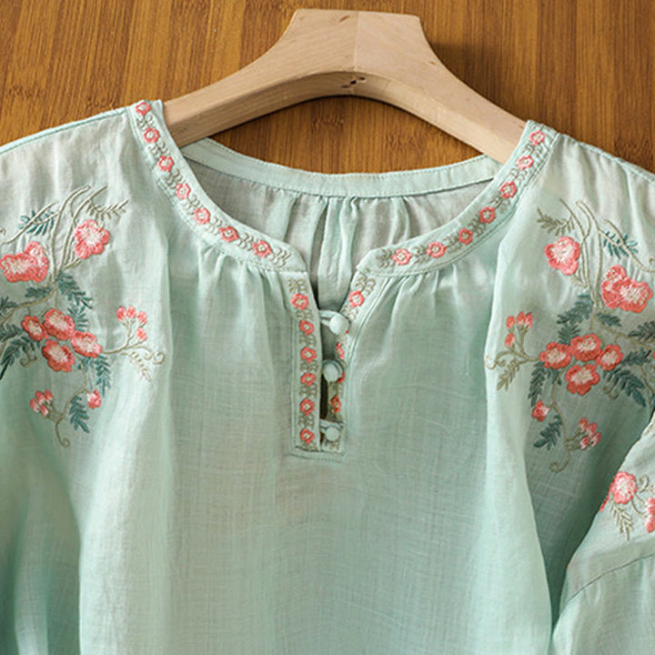 Buddha Stones Embroidery Button Three Quarter Sleeve Notched Neck Women's Cotton Shirt - image 27