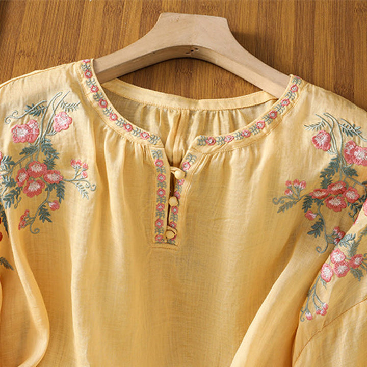 Buddha Stones Embroidery Button Three Quarter Sleeve Notched Neck Women's Cotton Shirt - image 3