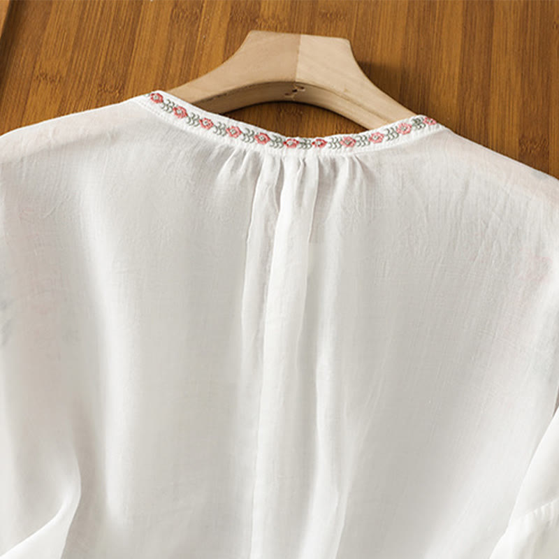 Buddha Stones Embroidery Button Three Quarter Sleeve Notched Neck Women's Cotton Shirt - image 21