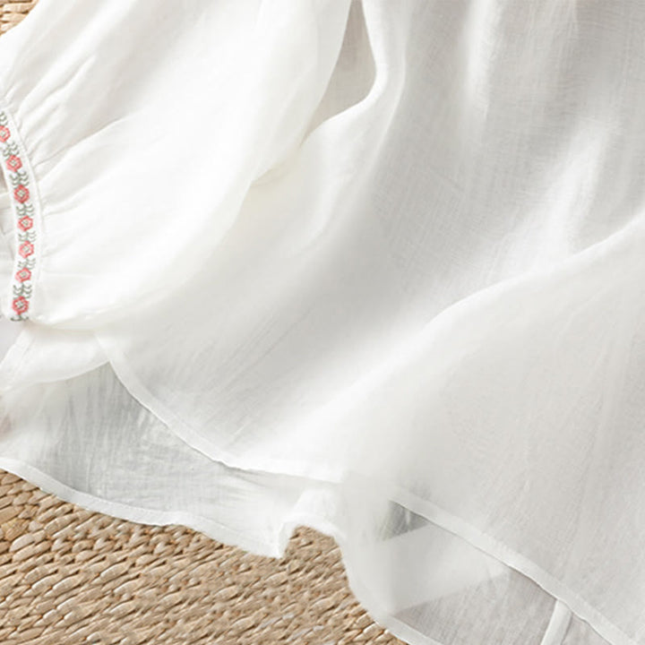 Buddha Stones Embroidery Button Three Quarter Sleeve Notched Neck Women's Cotton Shirt - image 24