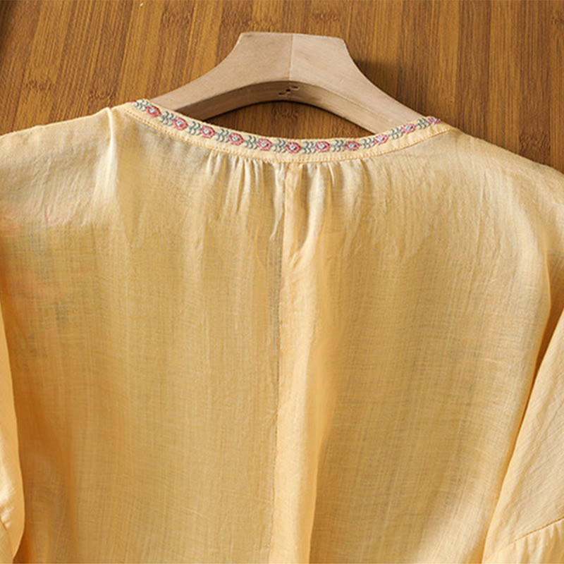 Buddha Stones Embroidery Button Three Quarter Sleeve Notched Neck Women's Cotton Shirt - image 4