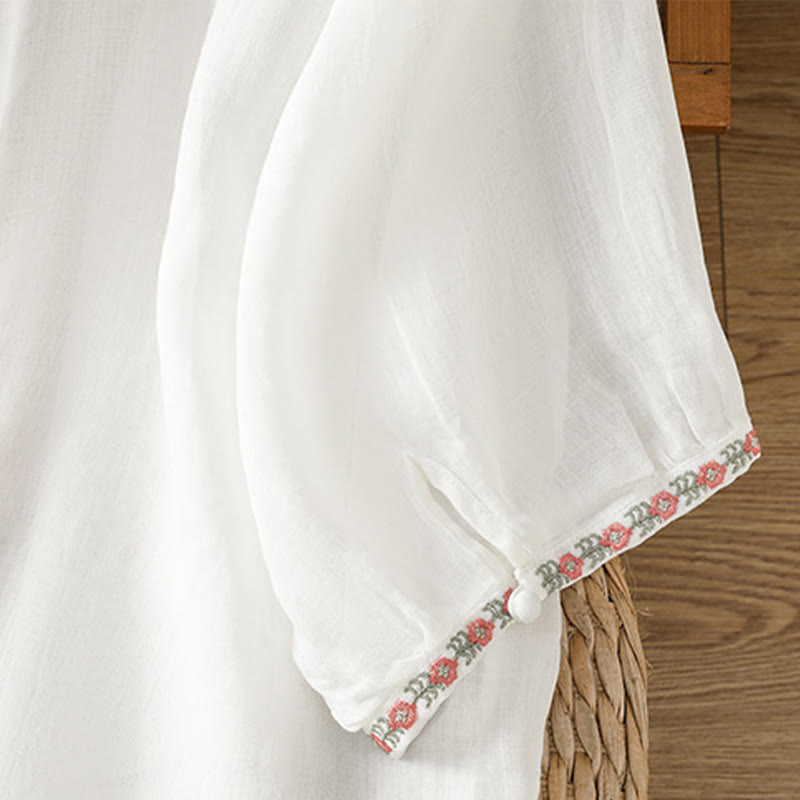 Buddha Stones Embroidery Button Three Quarter Sleeve Notched Neck Women's Cotton Shirt - image 22