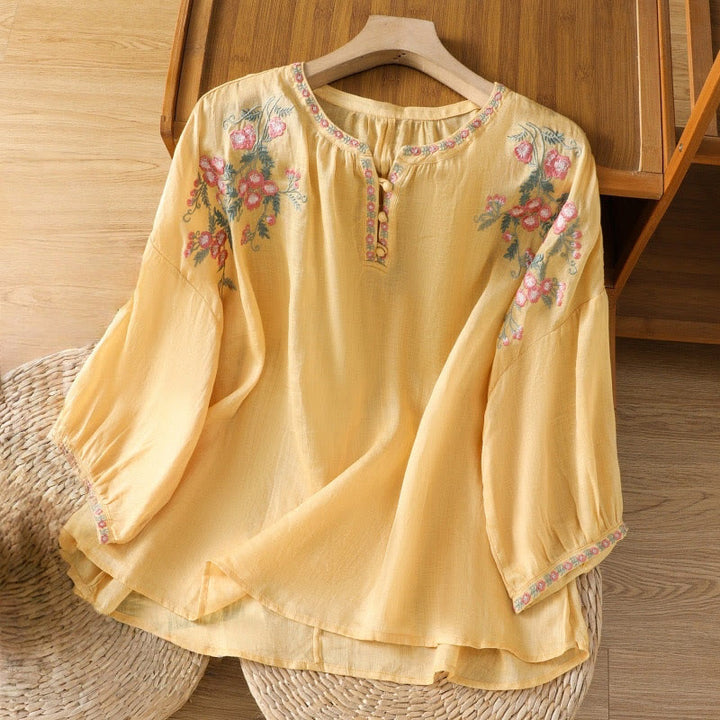 Buddha Stones Embroidery Button Three Quarter Sleeve Notched Neck Women's Cotton Shirt - Gold - US12,UK/AU16,EU44 (2XL) - image 1