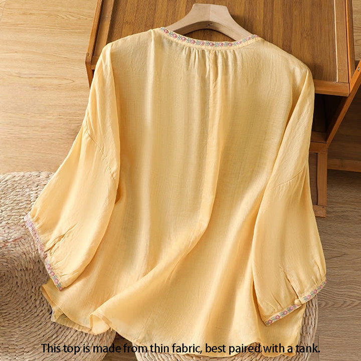 Buddha Stones Embroidery Button Three Quarter Sleeve Notched Neck Women's Cotton Shirt - image 2